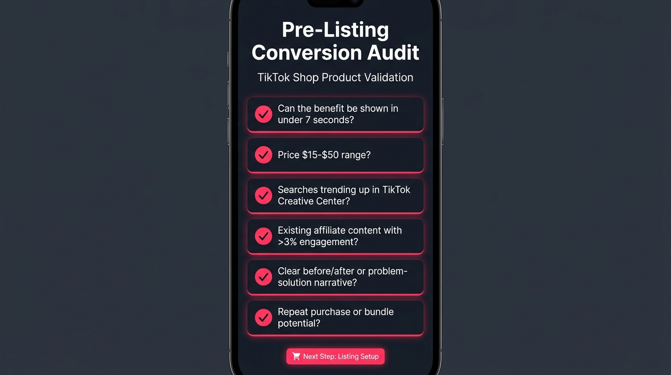 Pre-listing conversion audit checklist for TikTok Shop sellers with six validation criteria including 7-second demo test and price range check