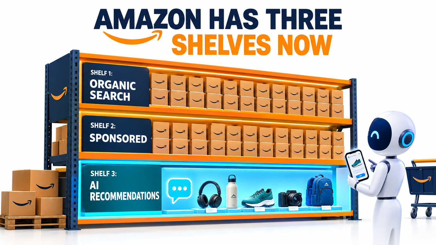 Illustration of three retail shelves labeled organic search, sponsored, and AI recommendations, showing Amazon's new third shelf