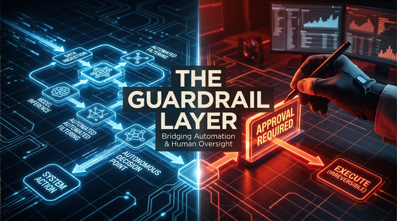Split-screen diagram showing an autonomous AI workflow on the left and a human approval gate blocking execution on the right — the guardrail layer concept visualized
