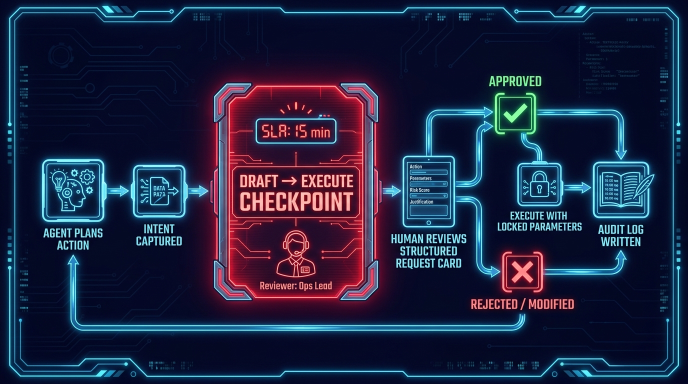 Technical pipeline diagram showing the Draft-to-Execute checkpoint in an agentic AI workflow, with structured approval card, SLA timer, and named reviewer