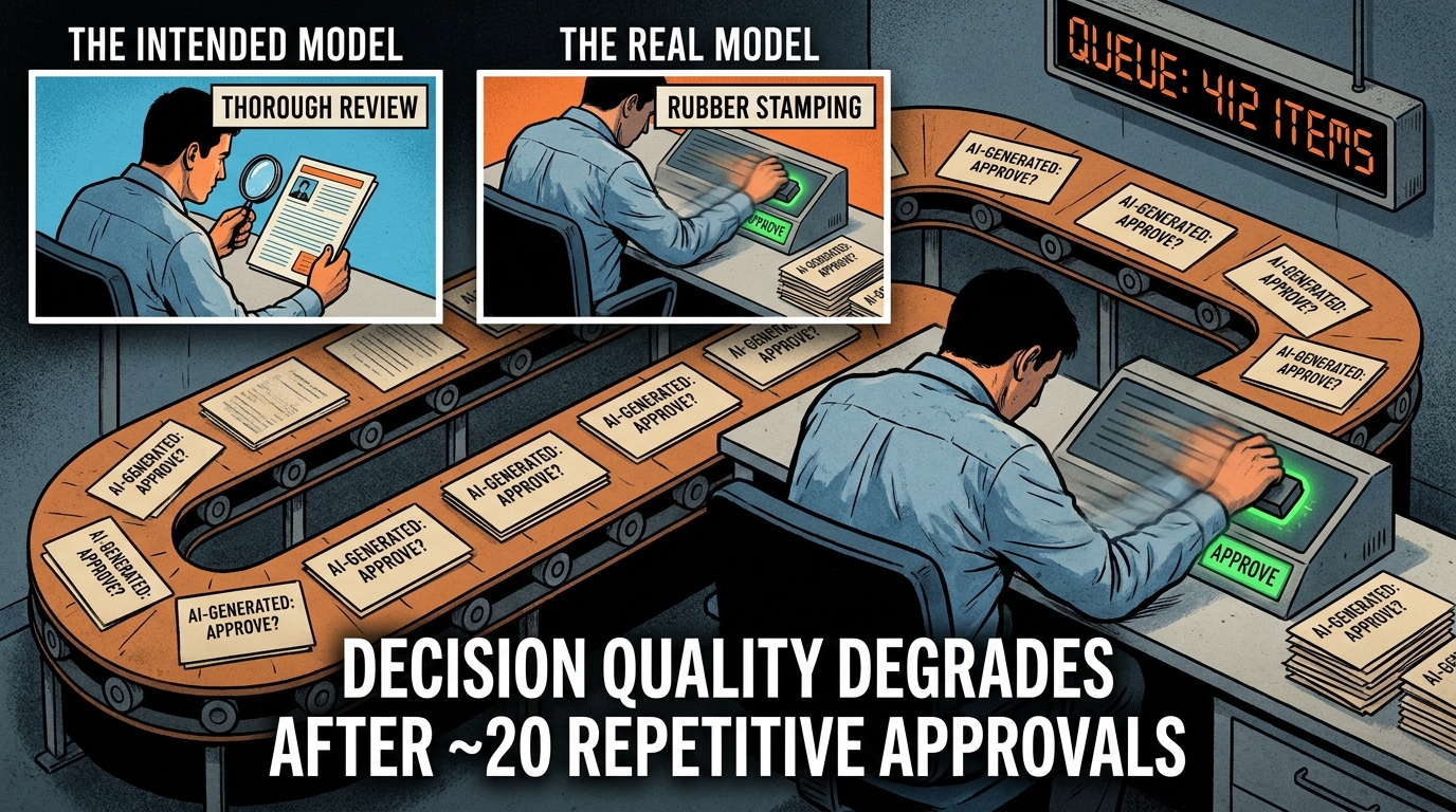 Illustration of reviewer decision fatigue as a system design failure — a conveyor belt of AI approval requests overwhelming a single human reviewer, contrasting the intended vs real model of oversight