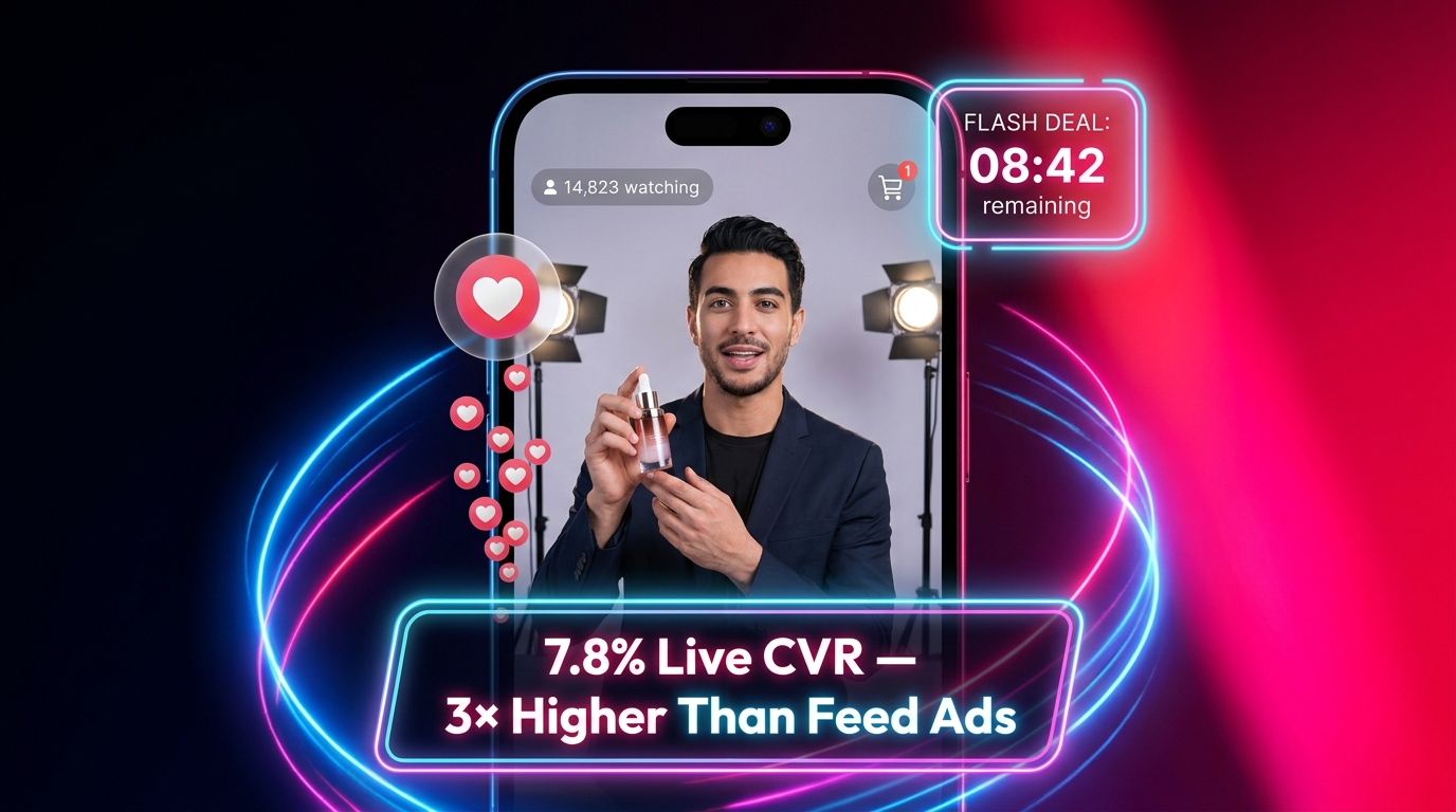 TikTok Shop live stream commerce scene with viewer count, flash deal countdown timer, and 7.8% live CVR stat overlay