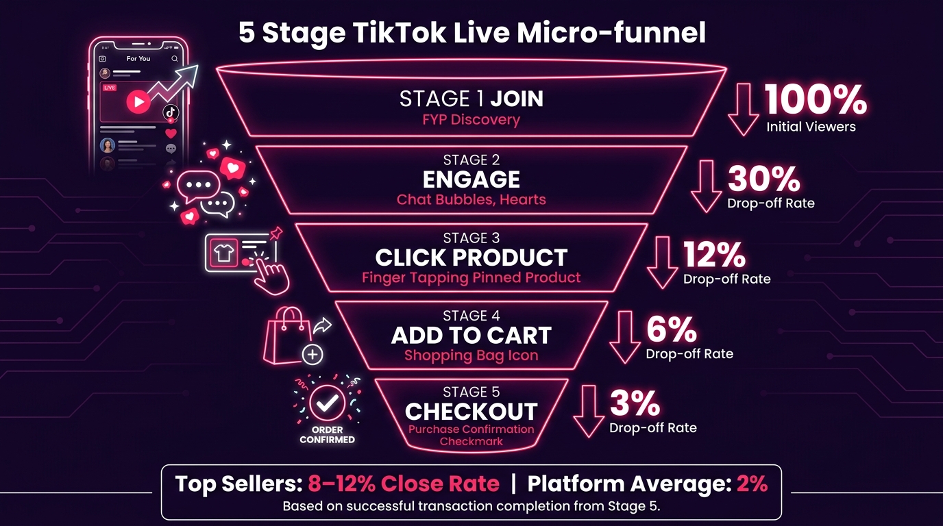 5-stage TikTok Live micro-funnel infographic showing Join, Engage, Click Product, Add to Cart, and Checkout stages with conversion drop-off rates