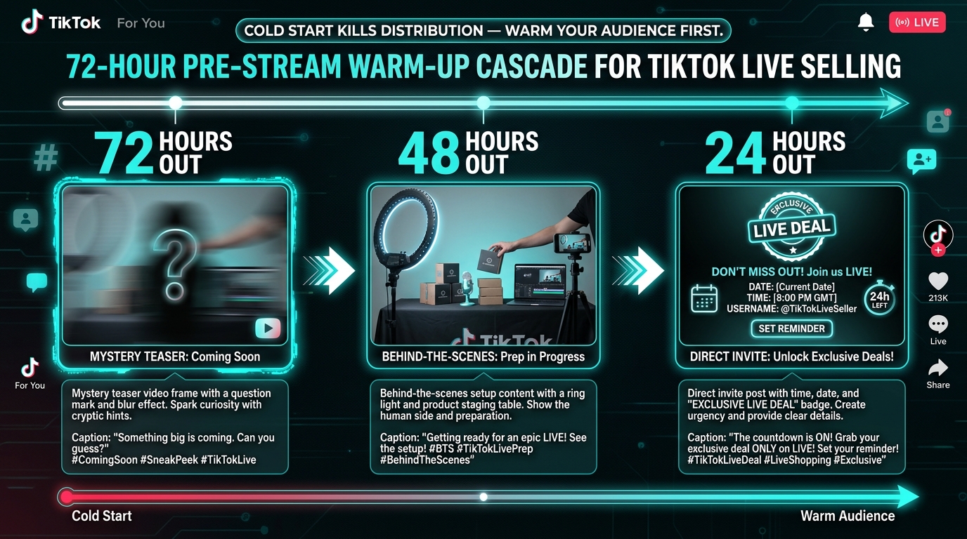 72-hour pre-stream warm-up cascade timeline for TikTok live selling showing mystery teaser, behind-the-scenes, and direct invite stages