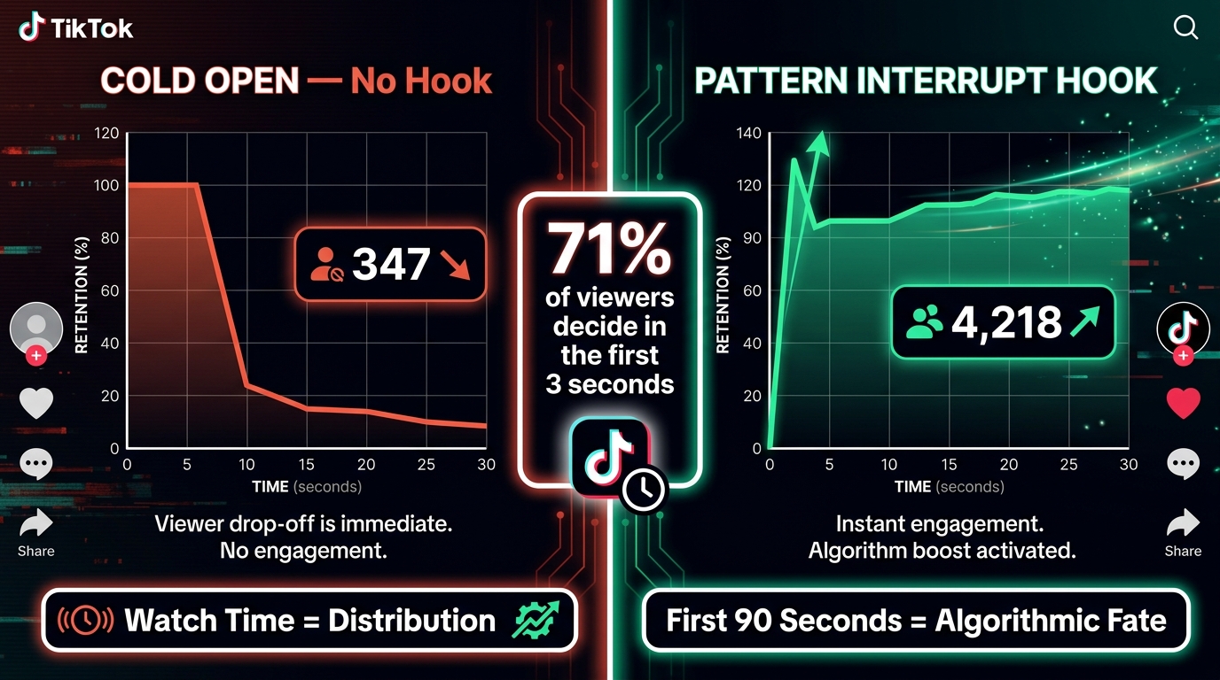 Split-screen comparison showing TikTok live retention graphs: cold open with 347 viewers vs pattern interrupt hook with 4,218 viewers, highlighting that 71% of viewers decide in 3 seconds