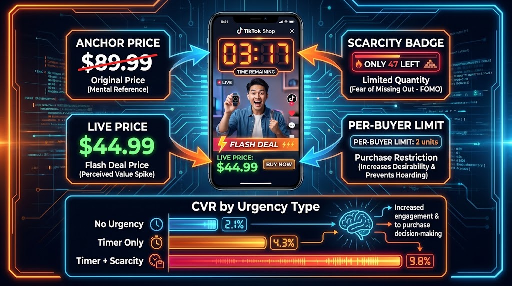 TikTok Shop LIVE flash deal mechanics infographic showing anchor pricing, countdown timer, scarcity indicators, and CVR comparison by urgency type