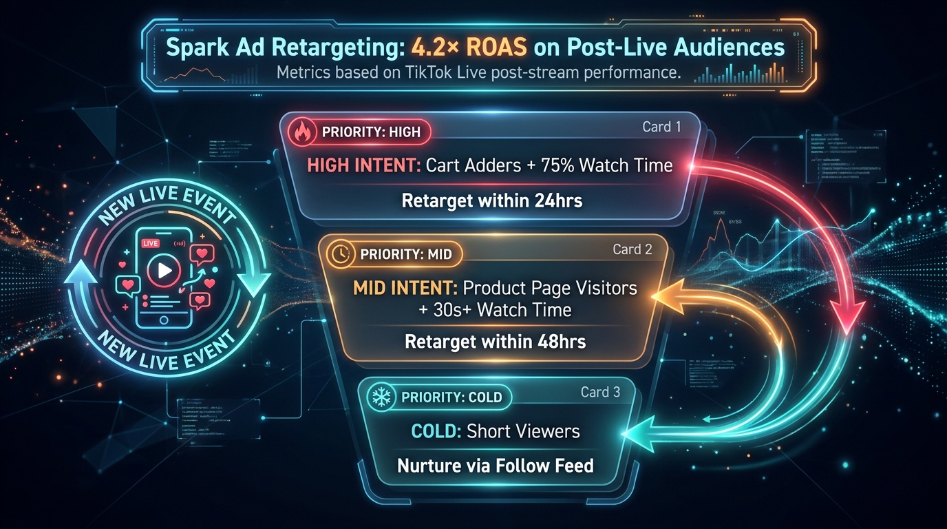 TikTok Live post-stream retargeting funnel dashboard showing three audience segments — high intent, mid intent, and cold viewers — with Spark Ad retargeting ROAS data