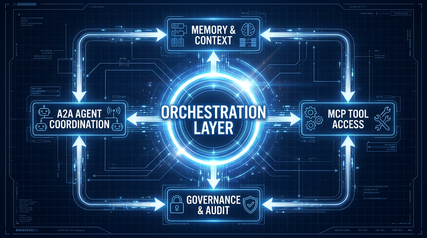 Enterprise AI orchestration layer diagram showing the orchestration control plane connecting memory, MCP tool access, A2A agent coordination, and governance layers