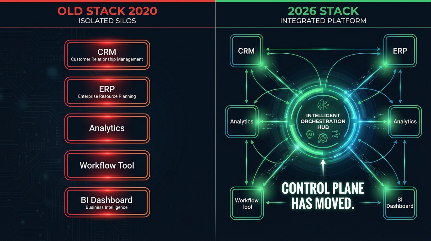 Side-by-side comparison of the old isolated SaaS application stack versus the 2026 orchestration-centric stack where orchestration is the central hub