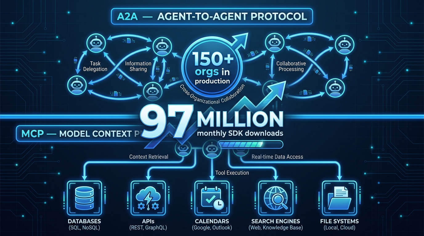 Two-layer protocol architecture diagram showing A2A agent-to-agent coordination above and MCP model context protocol tool connectivity below, with 97 million monthly SDK downloads stat