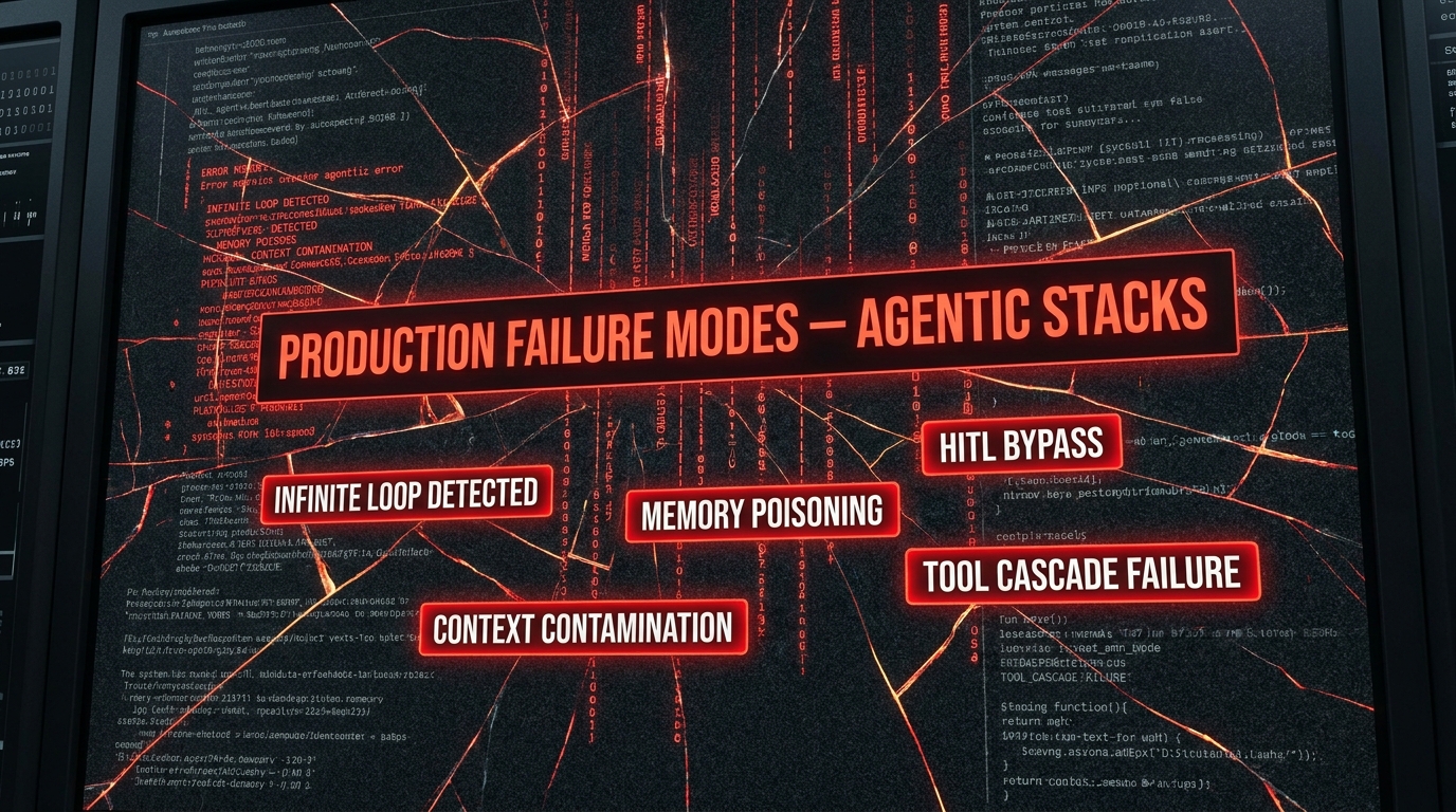 Enterprise agentic stack production failure modes dashboard showing infinite loop detection, memory poisoning, HITL bypass, context contamination, and tool cascade failure alerts