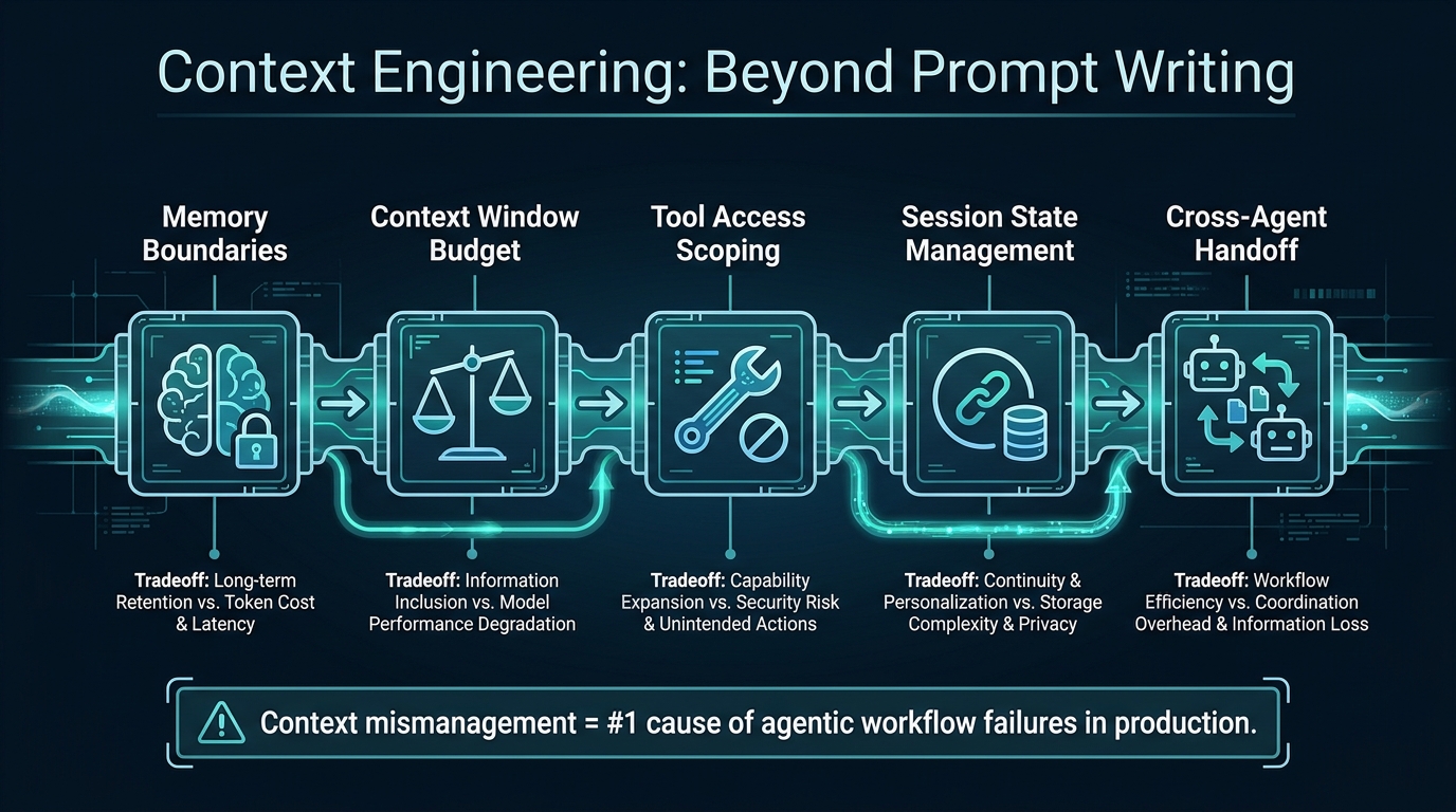 Context engineering pipeline diagram showing memory boundaries, context window budget, tool access scoping, session state management, and cross-agent handoff stages