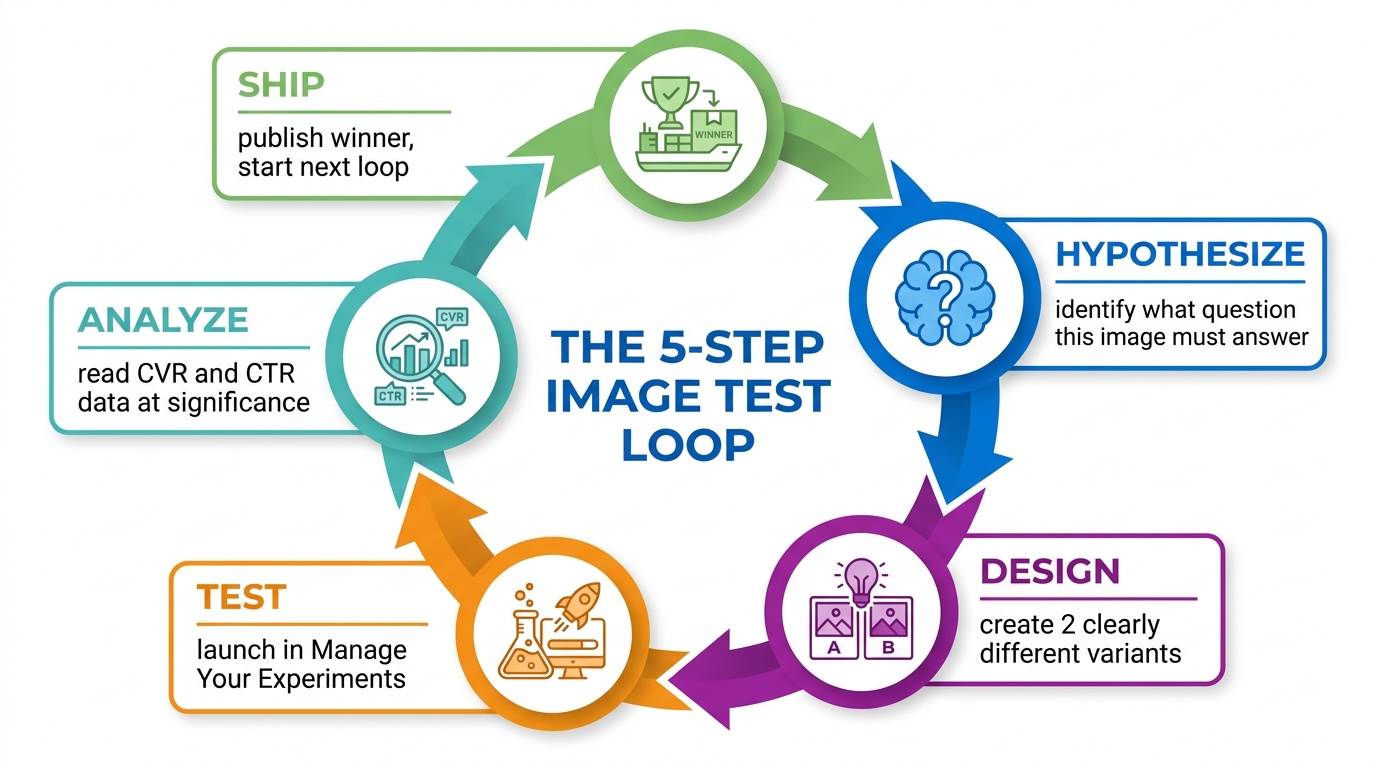 Circular 5-step image testing loop diagram: Hypothesize, Design, Test, Analyze, Ship — for Amazon product image optimization