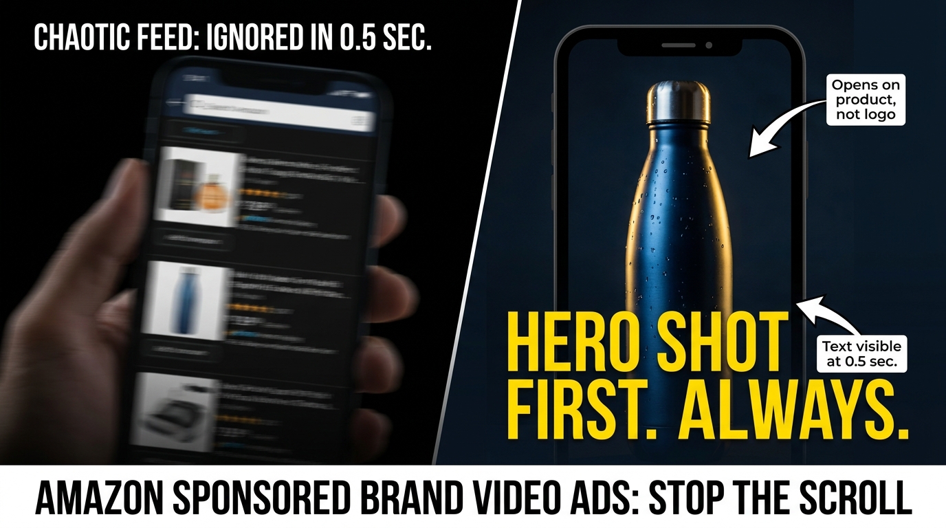 Amazon Sponsored Brand Video hero shot strategy — split screen showing a shopper scrolling past blur of ads versus one video freezing the scroll with product-first opening frame