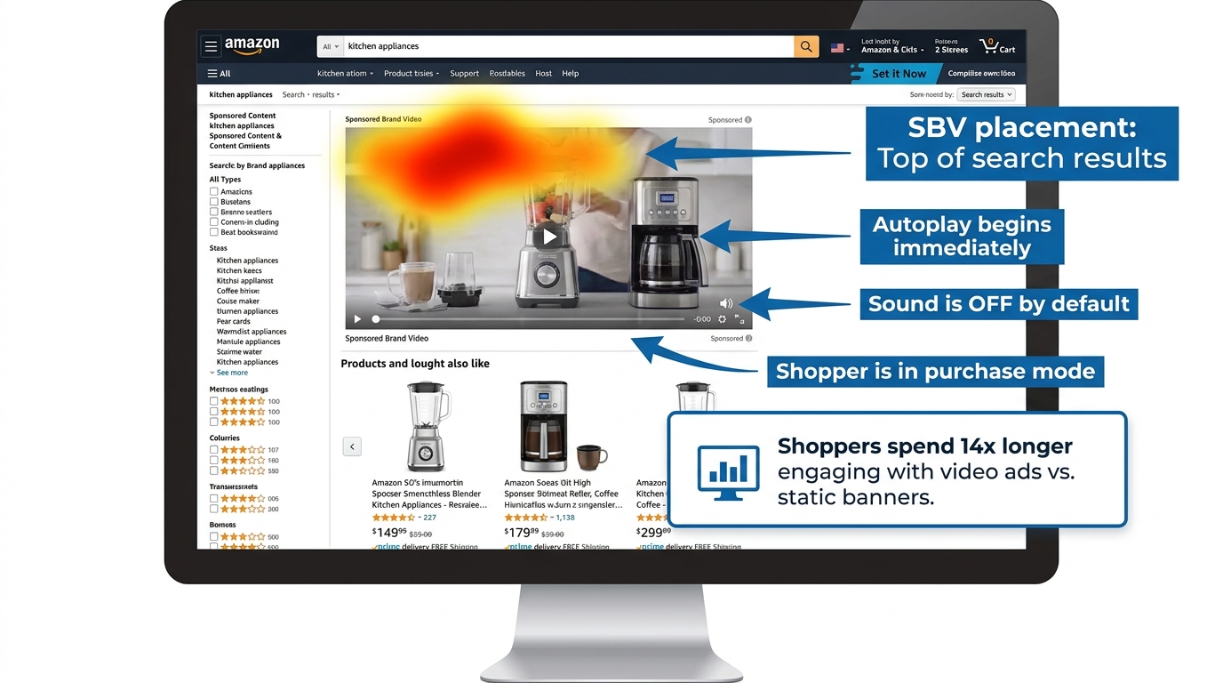 Eye-tracking heatmap on Amazon search results page showing how shoppers engage with Sponsored Brand Video placement at top of search — muted autoplay context annotated