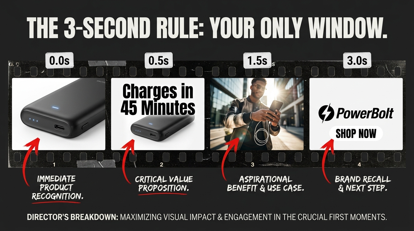 Film strip breakdown of a winning Amazon Sponsored Brand Video's first 3 seconds — four frames showing product-first open, text overlay feature callout, lifestyle shot, and brand CTA with annotated timing