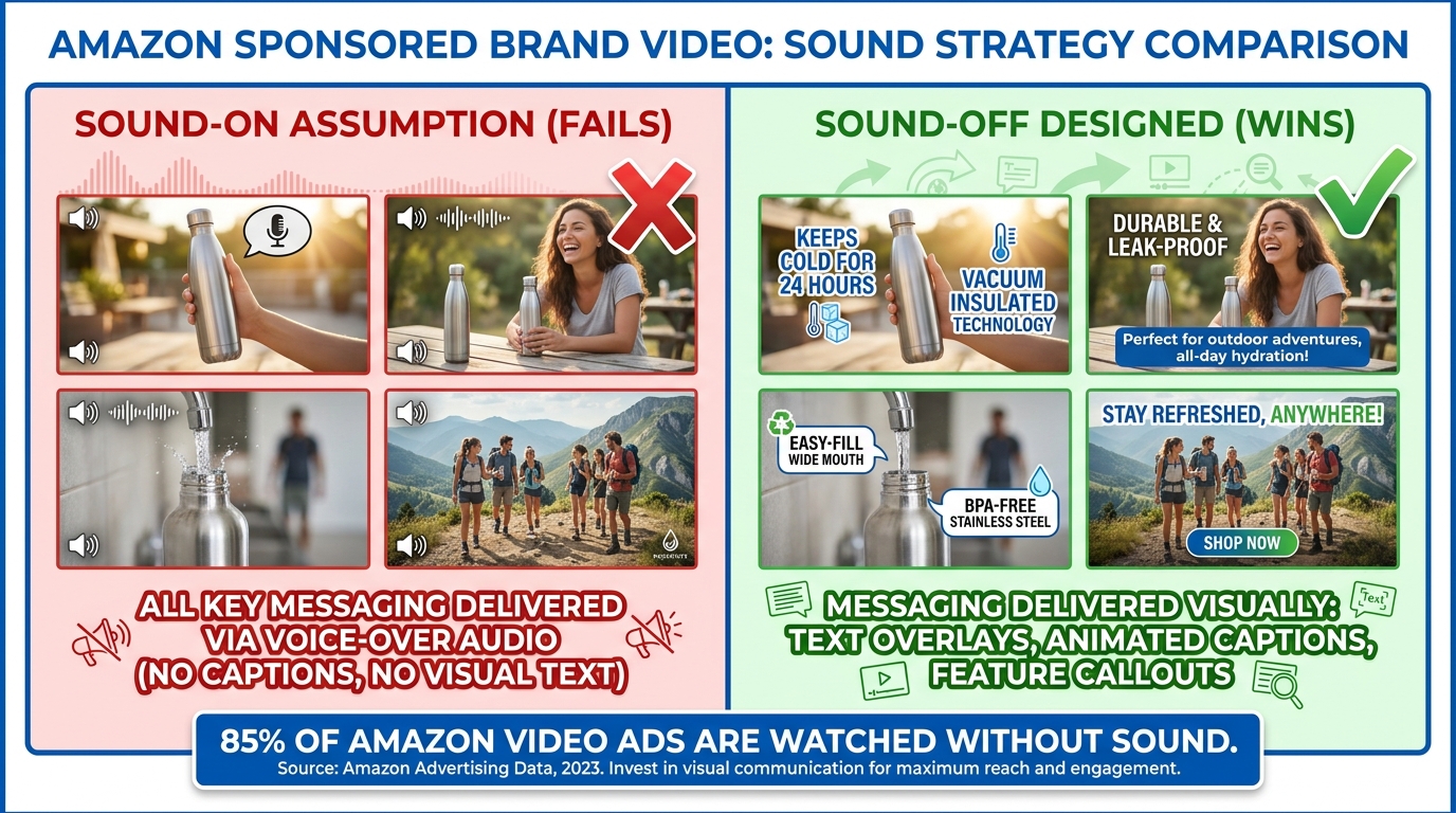 Side-by-side comparison of Amazon Sponsored Brand Video — sound-on assumption creative fails on left, sound-off designed creative with text overlays wins on right
