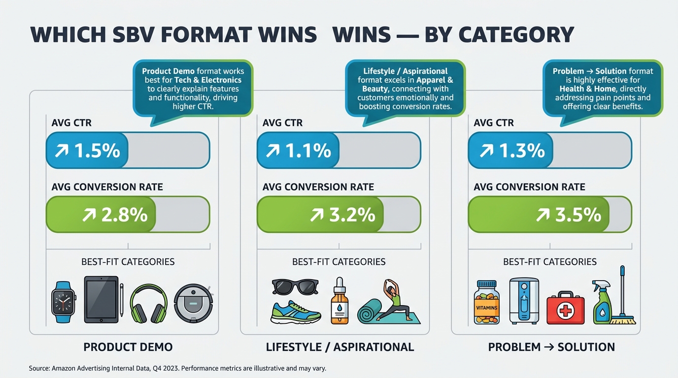 Bar chart infographic comparing three Amazon Sponsored Brand Video creative formats — Product Demo, Lifestyle, and Problem-Solution — by CTR and conversion rate across different Amazon categories