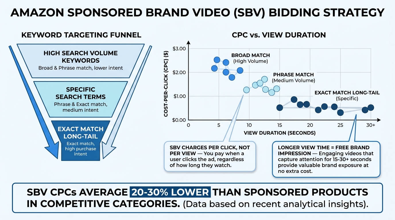 Amazon Sponsored Brand Video bidding strategy diagram showing keyword funnel and CPC vs view duration chart — SBV charges per click not per view explained