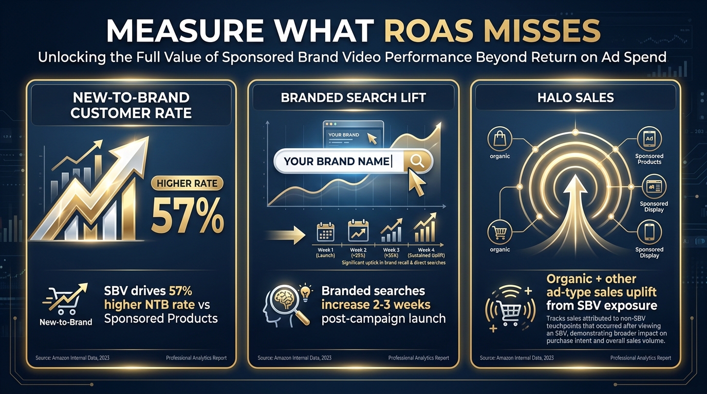 Dashboard showing three key Amazon Sponsored Brand Video metrics beyond ROAS — New-to-Brand customer rate, branded search lift, and halo sales measurement framework