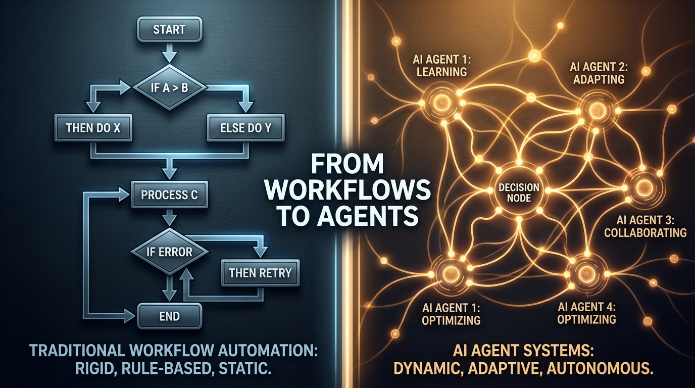 Split-screen visualization comparing rigid IF/THEN workflow automation on the left with adaptive AI agent networks on the right, representing the shift from workflows to agents