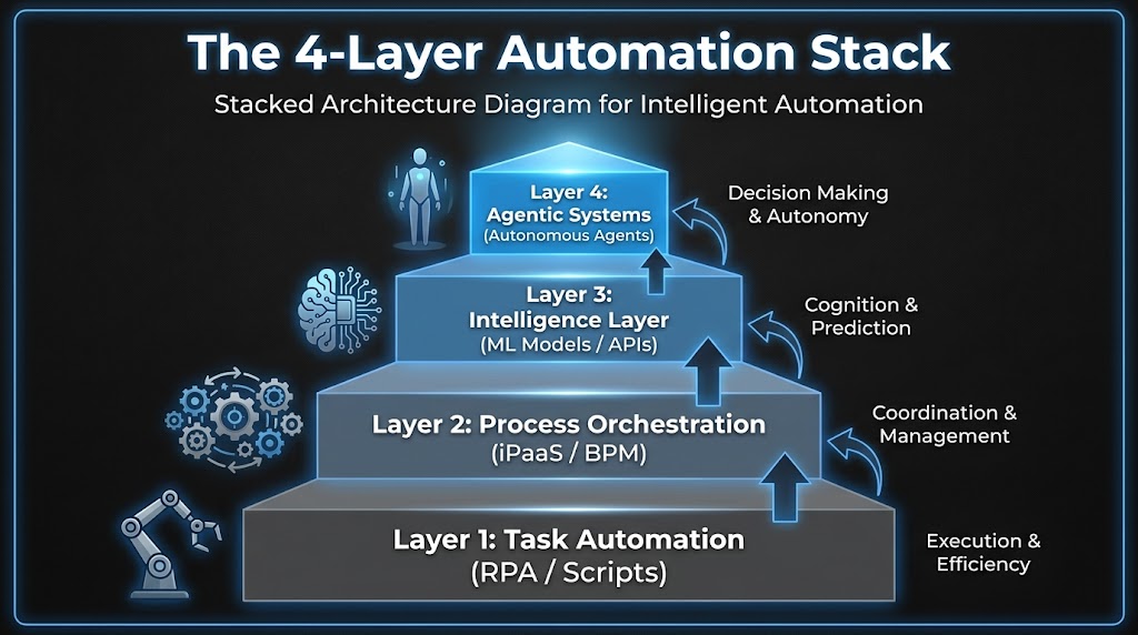 Four-layer automation stack architecture diagram showing Task Automation, Process Orchestration, Intelligence Layer, and Agentic Systems from bottom to top