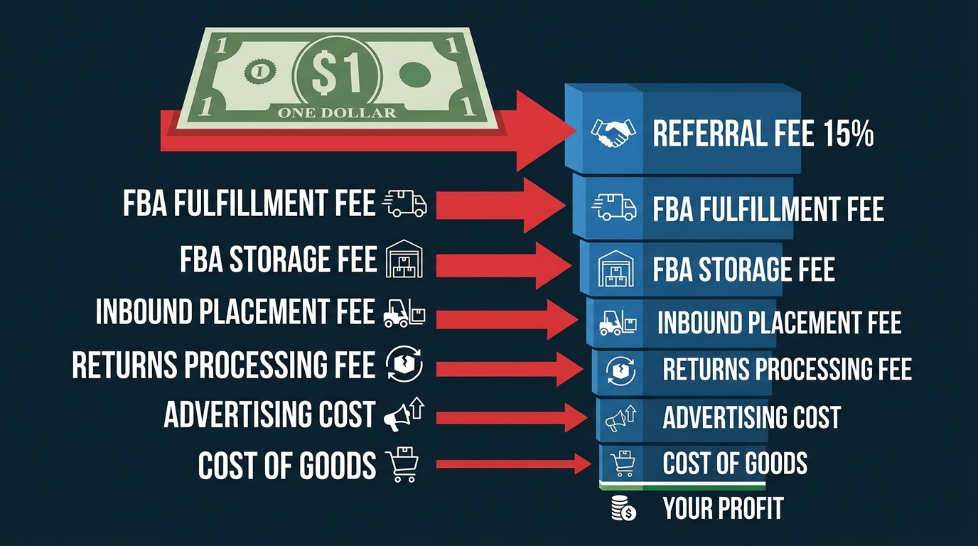 Amazon seller fee stack infographic showing all cost layers from referral fee to profit