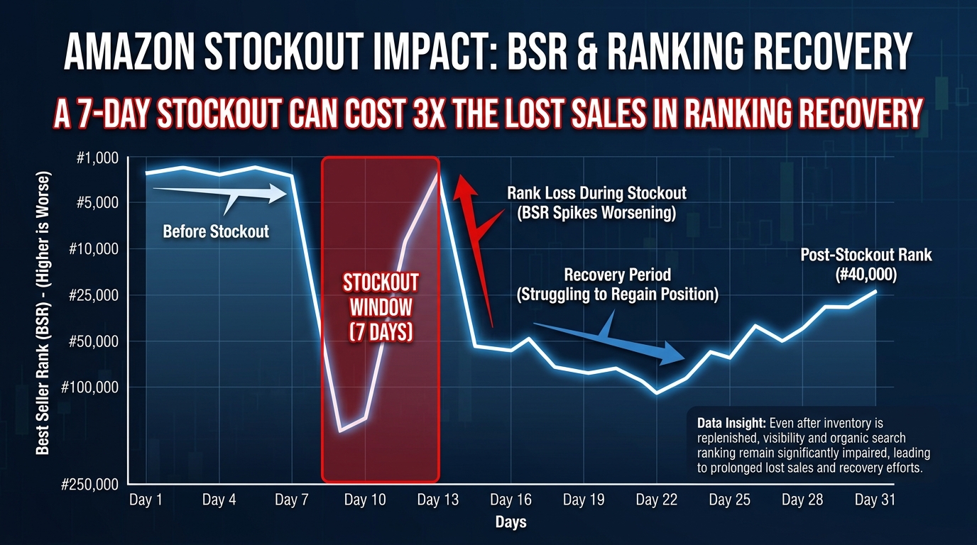 Amazon BSR ranking chart showing dramatic rank decline during stockout and slow recovery period