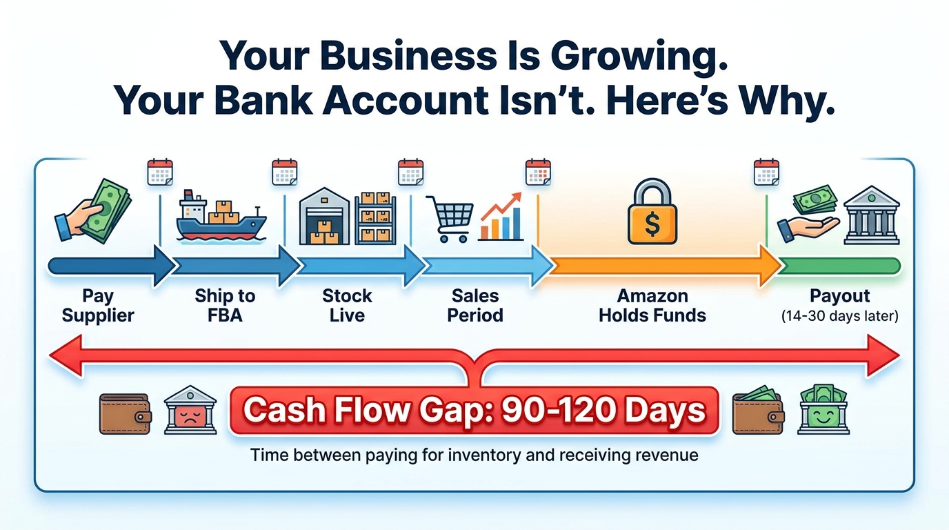 Amazon seller cash flow timing gap infographic showing 90-120 day gap between paying supplier and receiving revenue payout