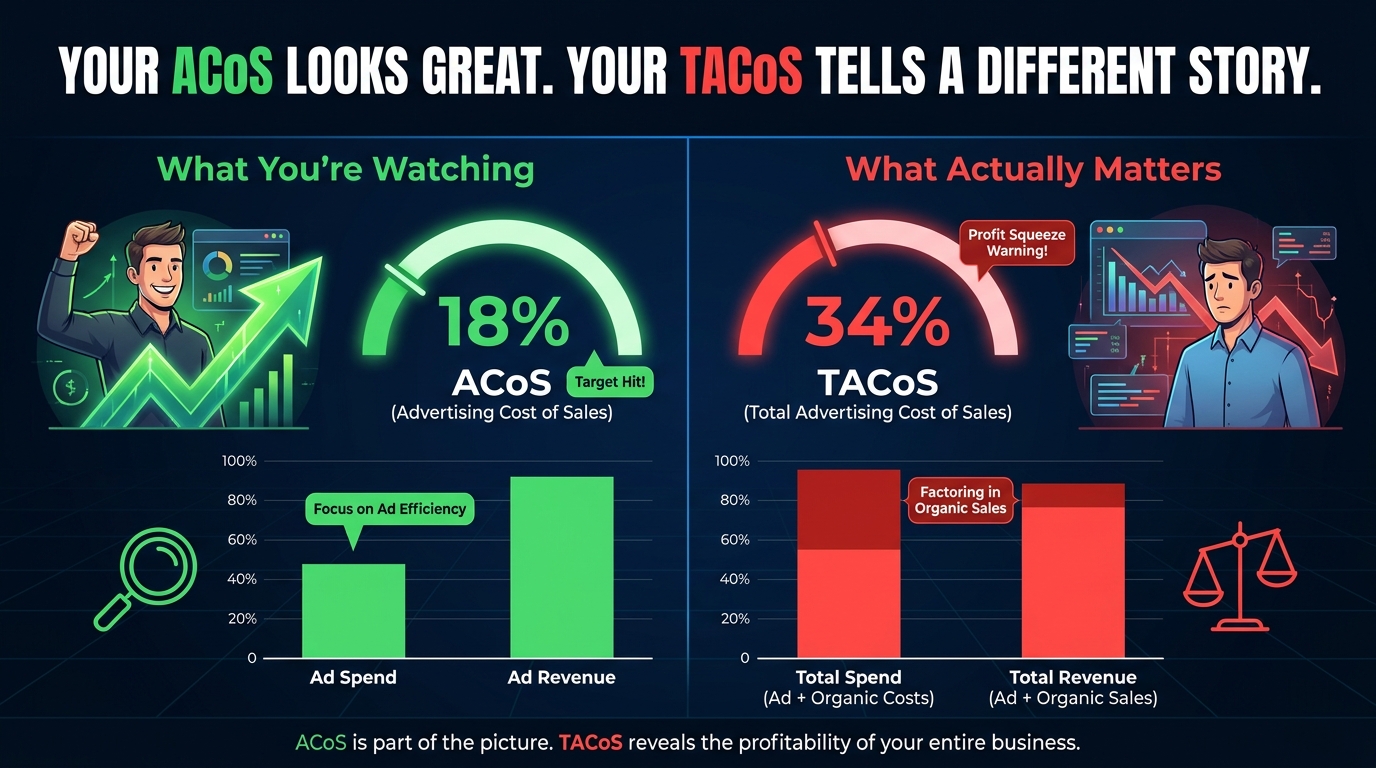 Amazon ACoS vs TACoS comparison infographic showing the difference between what sellers watch and what actually matters