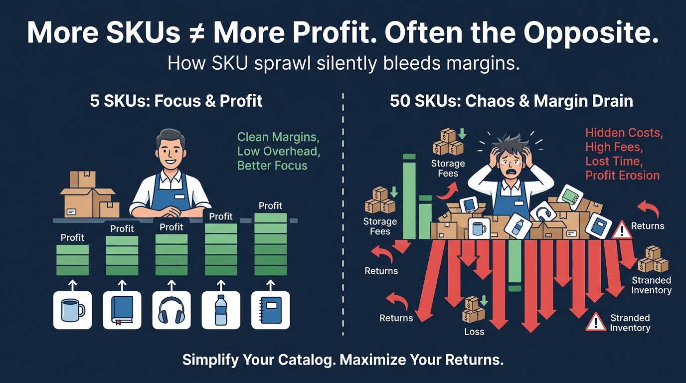 Amazon SKU proliferation problem infographic showing 5 SKUs vs 50 SKUs and the profit impact