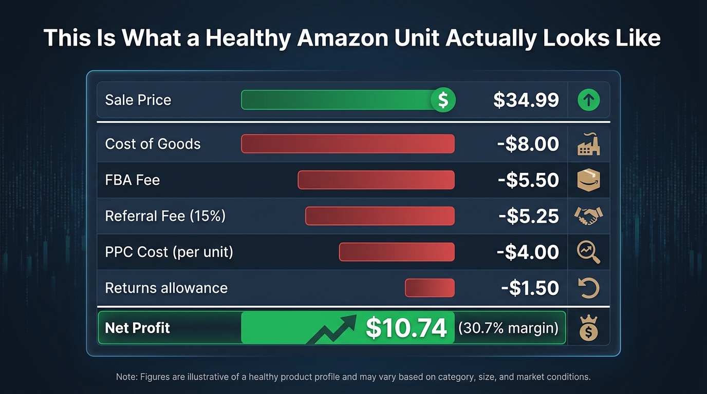 Amazon unit economics model showing healthy per-unit breakdown with sale price, fees, COGS, PPC, and net profit