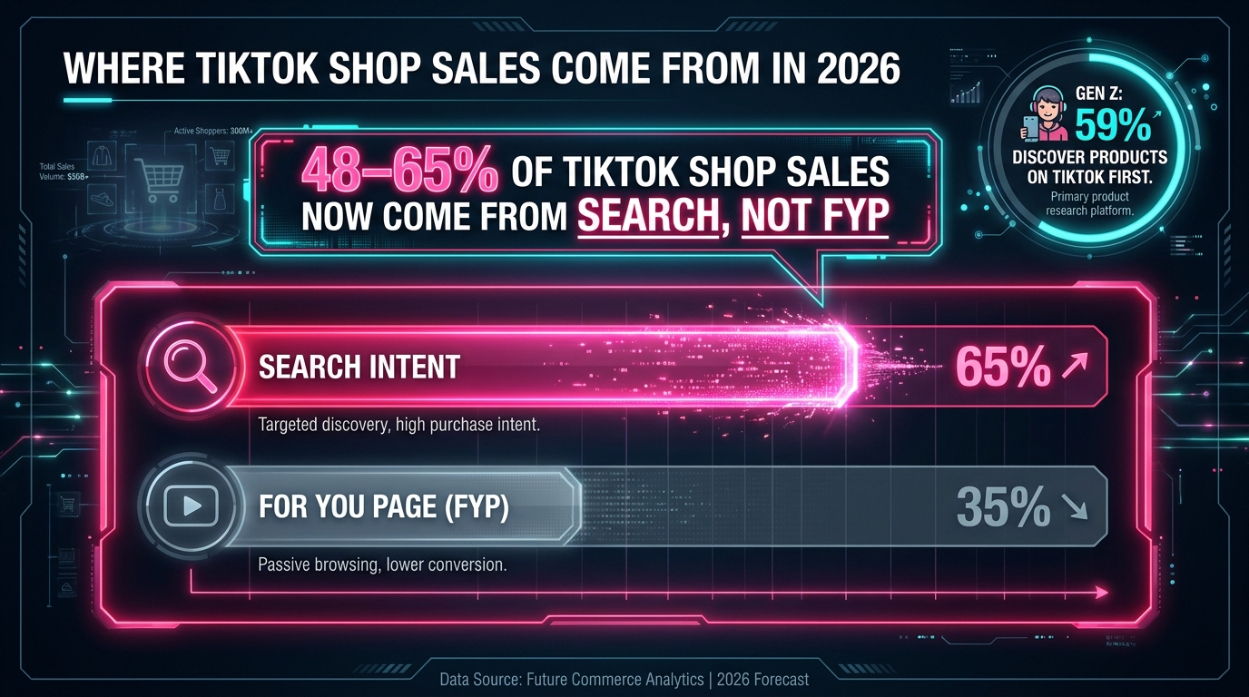 Bar chart showing 48–65% of TikTok Shop sales now come from Search, not the For You Page