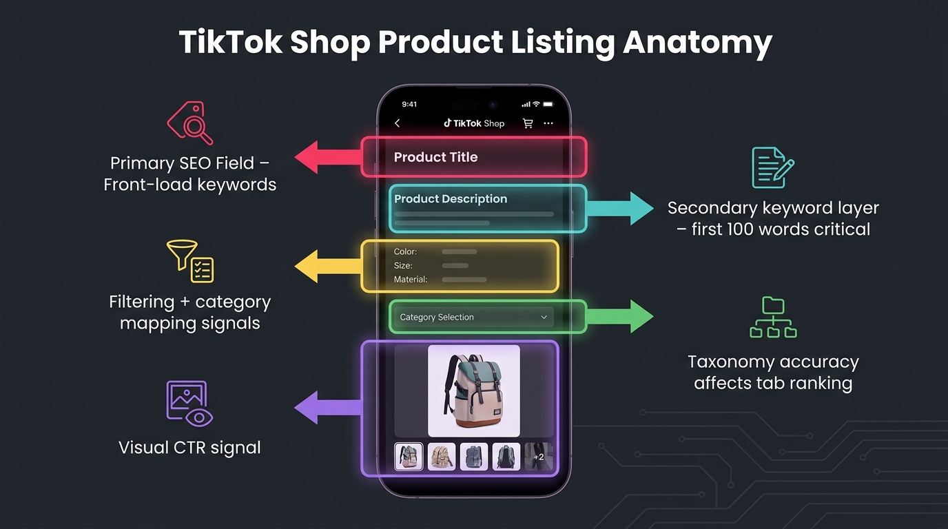 Annotated TikTok Shop product listing anatomy showing which fields affect SEO and ranking