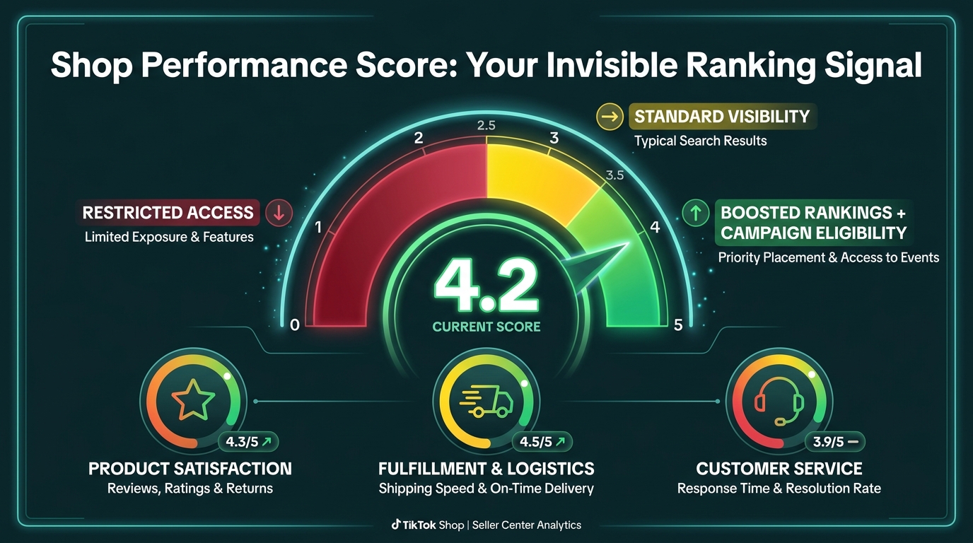 TikTok Shop Performance Score gauge showing 0-5 scale with access tiers and three scoring dimensions