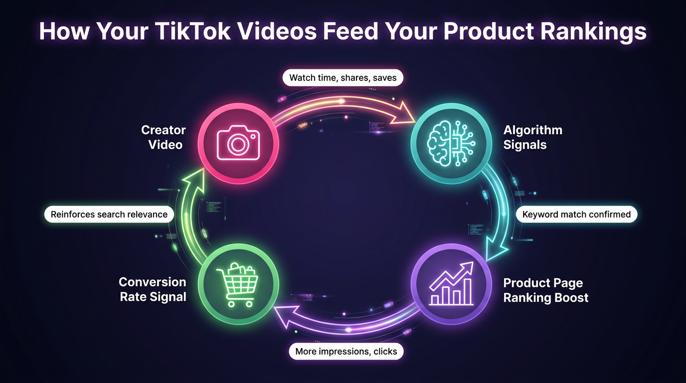 Circular flow diagram showing how TikTok creator videos feed product ranking through algorithm signals