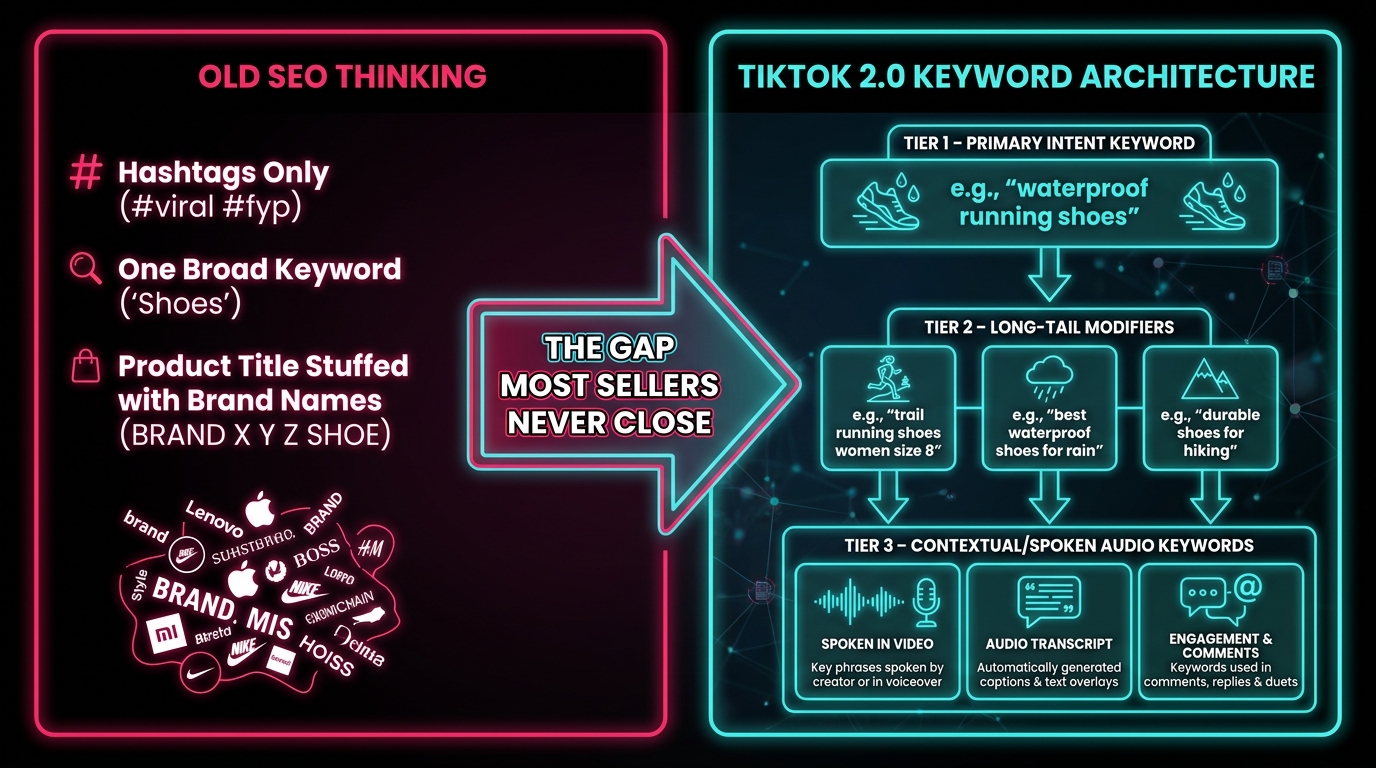 Split comparison of old TikTok SEO thinking versus the 2026 three-tier keyword architecture