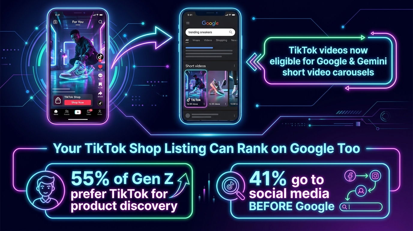 Diagram showing TikTok product videos surfacing in Google and Gemini search carousels alongside Gen Z discovery statistics