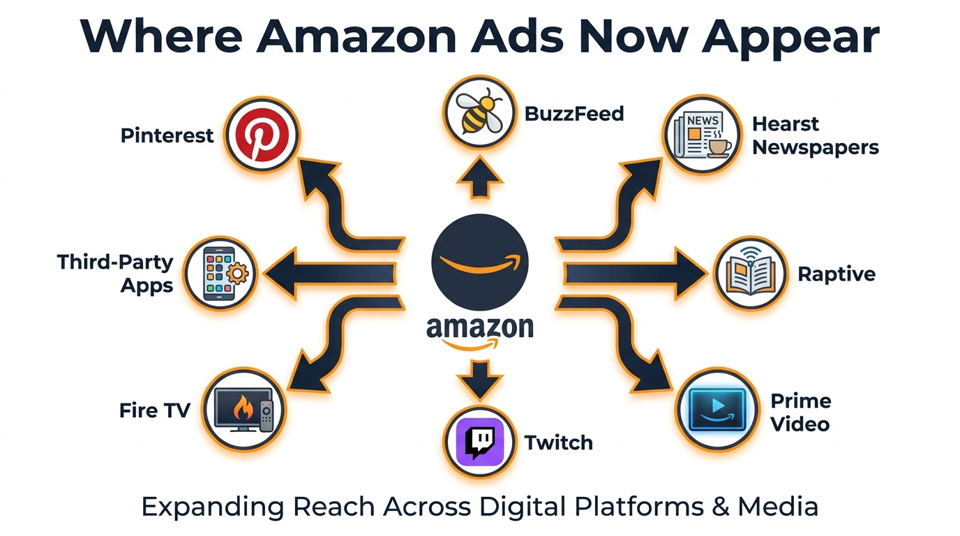 Diagram of Amazon's expanding advertising network showing connections to Pinterest, BuzzFeed, Hearst, Raptive, Prime Video, Twitch, and Fire TV