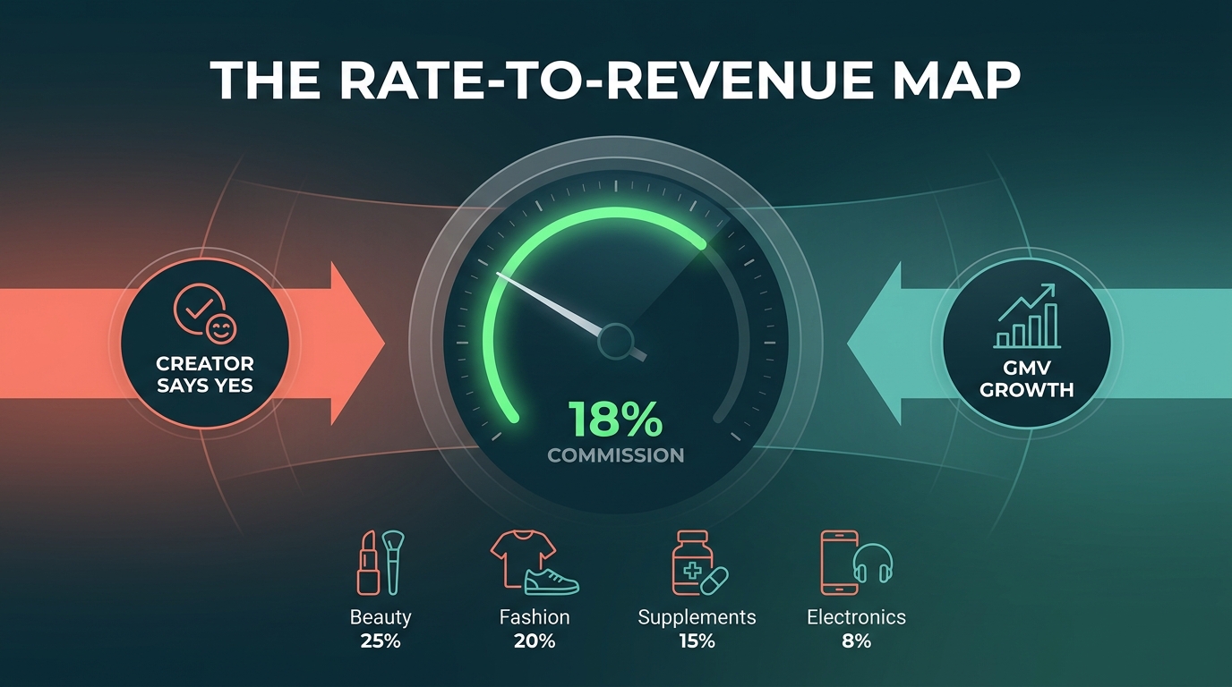 TikTok Shop affiliate commission rate-to-revenue map infographic showing category commission percentages and creator conversion signals