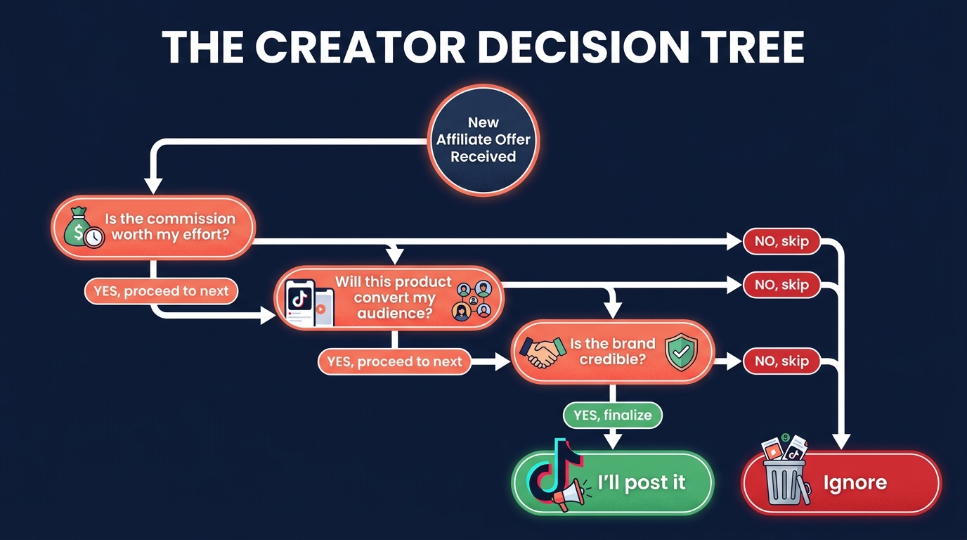 TikTok creator decision tree flowchart showing the three filters — commission worth, product-audience fit, and brand credibility — that determine whether a creator posts affiliate content