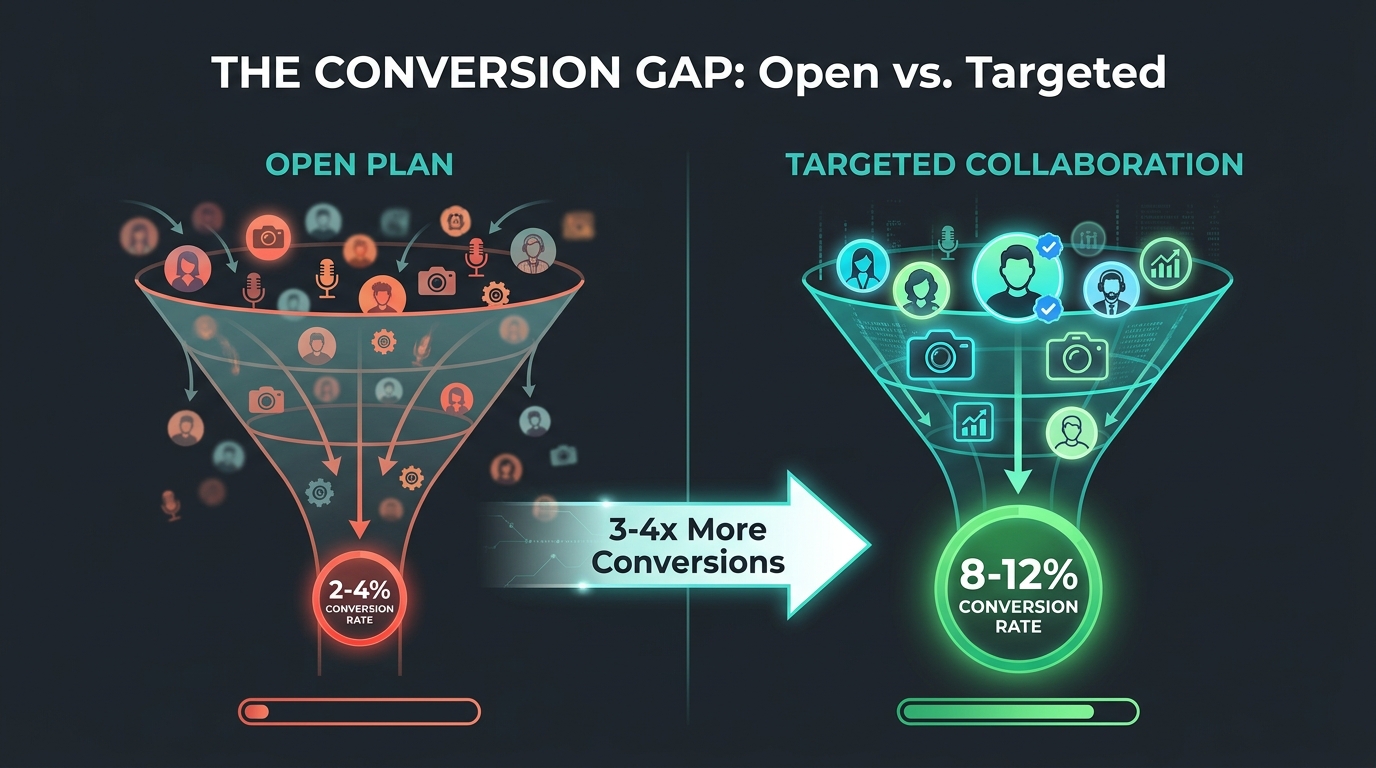 Split comparison infographic showing Open Plan 2-4% conversion rate versus Targeted Collaboration 8-12% conversion rate on TikTok Shop, illustrating the 3-4x conversion gap