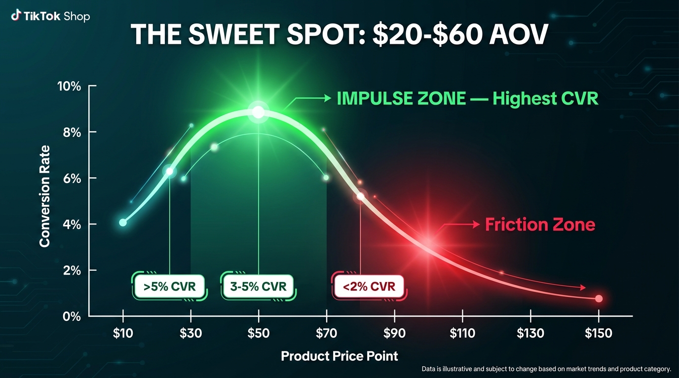 Graph showing TikTok Shop product price point vs. conversion rate relationship, with the impulse zone at $20-$60 showing highest CVR above 5%, dropping sharply past $80 into the friction zone