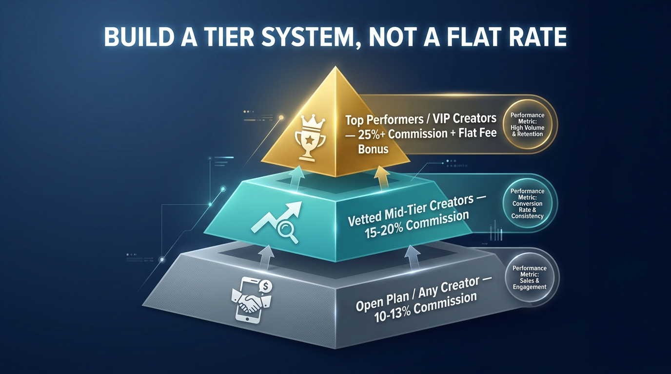 Pyramid diagram showing three-tier TikTok Shop affiliate commission structure: Open Plan 10-13% at base, Vetted Mid-Tier Creators 15-20% in middle, Top Performers 25% plus flat fee bonus at top