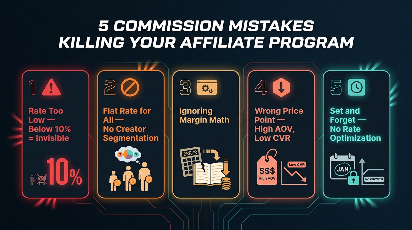 Infographic listing 5 TikTok Shop affiliate commission mistakes: rate too low, flat rate for all creators, ignoring margin math, wrong price point, and set-and-forget approach