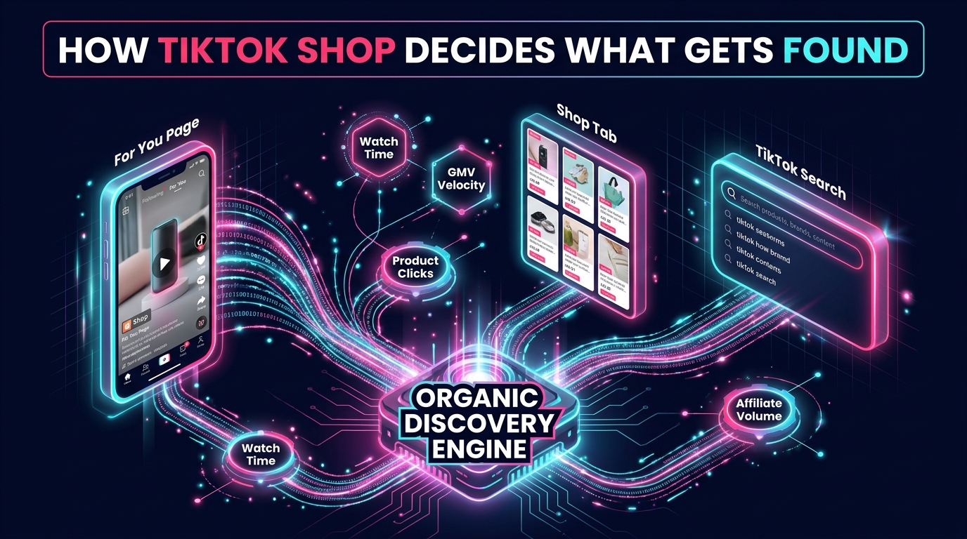 TikTok Shop Organic Discovery Engine infographic showing three discovery surfaces connected to algorithm signals