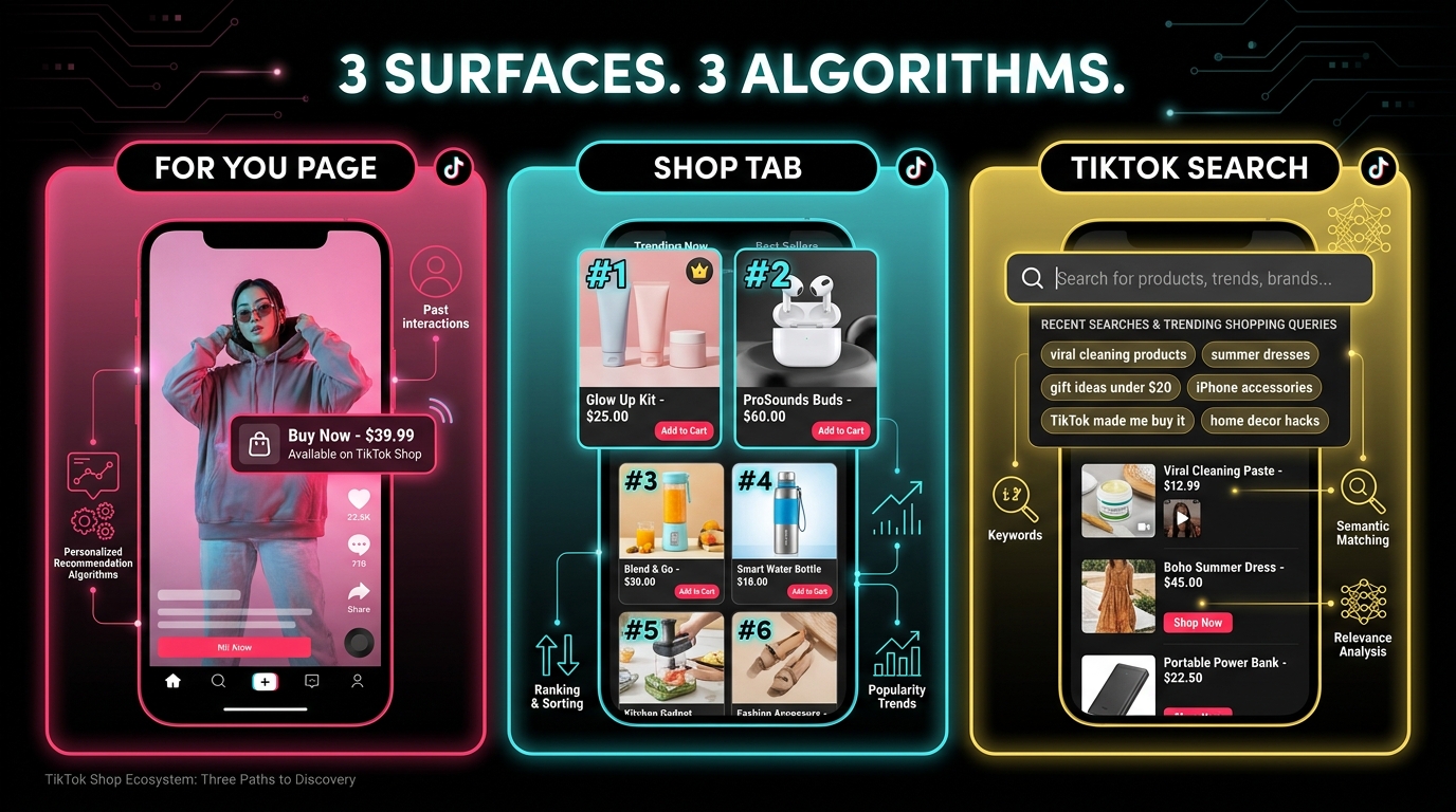 Three TikTok Shop discovery surfaces: For You Page, Shop Tab, and TikTok Search shown side by side