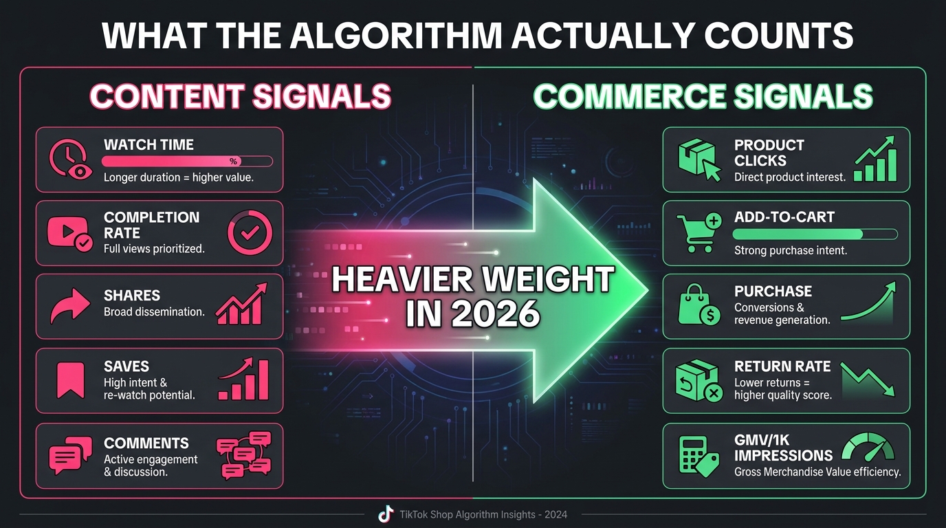 Content signals vs commerce signals comparison infographic showing heavier weight of commerce signals in TikTok Shop 2026