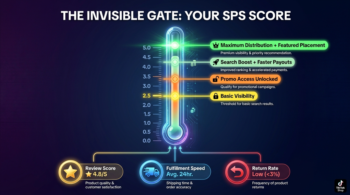 TikTok Shop Performance Score gauge showing thresholds at 2.5, 3.5, 4.0, and 4.5 with corresponding visibility and access benefits