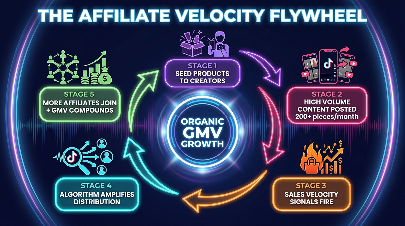 TikTok Shop Affiliate Velocity Flywheel diagram showing five stages of organic GMV compounding